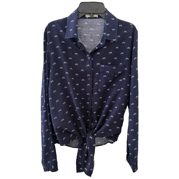 Love Notes Navy Blue Bicycle Print Button-Down Shirt | Tie Front Blouse - Picture 2 of 4